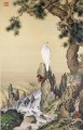 中国の伝統的な滝の近くに輝く白い鳥のラング